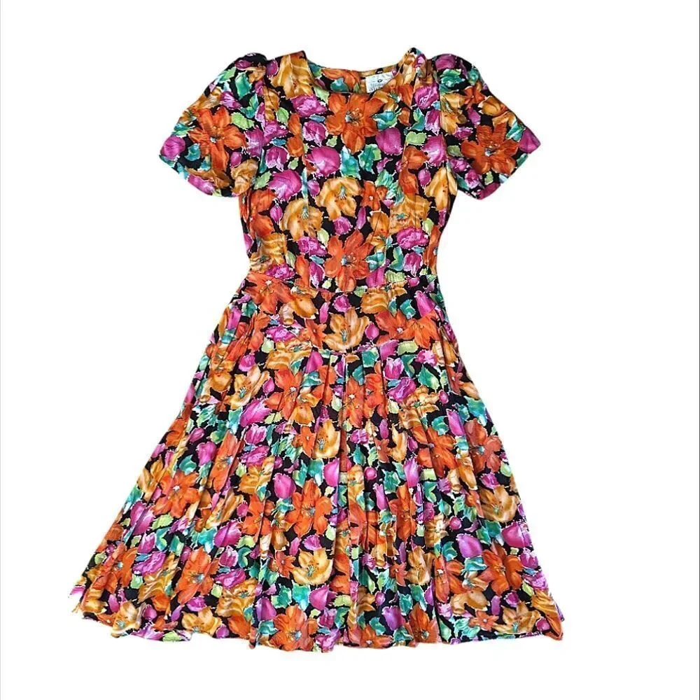 VTG 80s Bright Floral V Waist Midi Dress SZ 12 *Fits like Med Gardencore‎